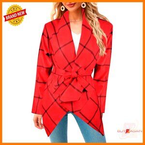 Wool Blend Trench Coat Turn Down Shawl Collar Plaid Pea Coat Classic Retro